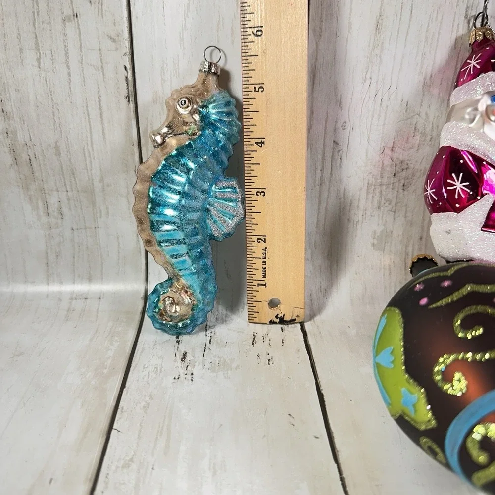 Christmas‎ Ornaments Lot Pink  Santa, Tree, Blue Seahorse, Large Indent Brown